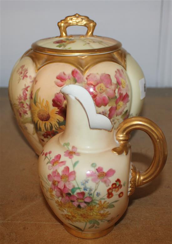 Royal Worcester blush ivory biscuit jar and cover and a jug